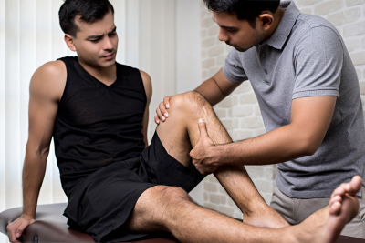 therapist treating injured knee of an athlete male